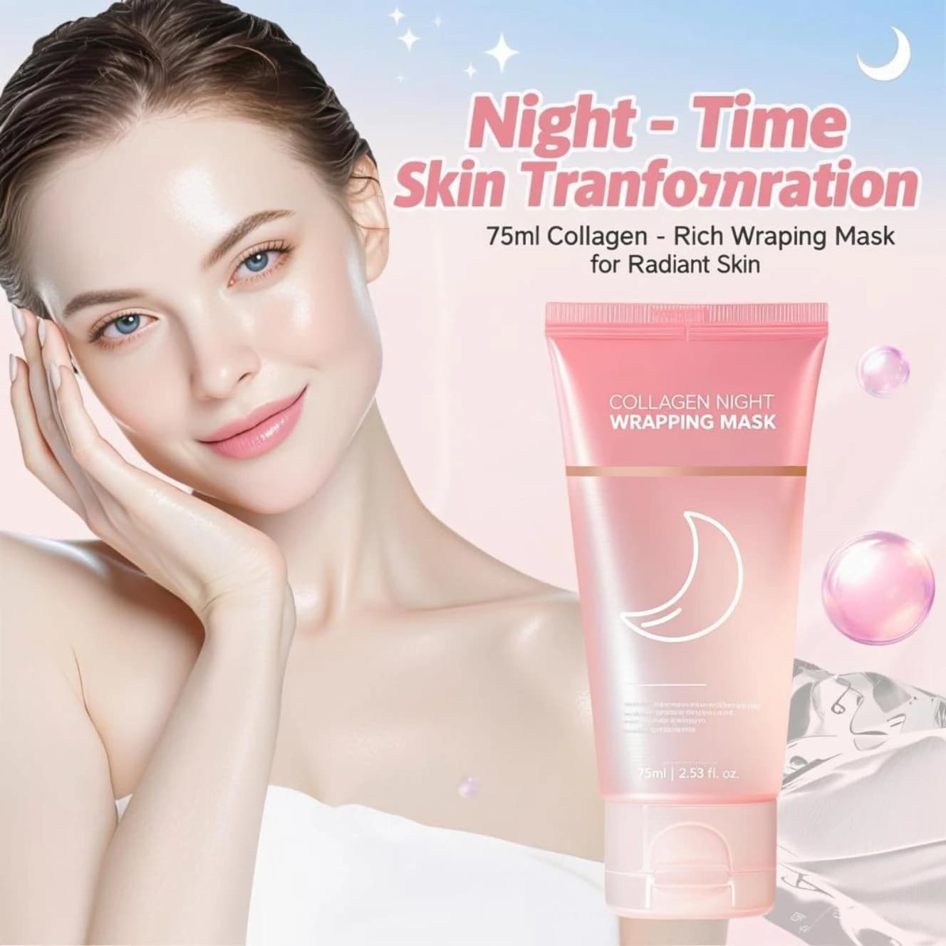 Collagen night wrap mask - hydration 8 hours + skin elasticity + firming + brightness. Complete therapy of night renewal.