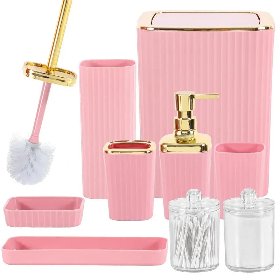 Set di Accessori per il Bagno 9 Pezzi, Kit Rosa con Cestino, Portaspazzolino, Dispenser Sapone, Bicchiere per Spazzolino