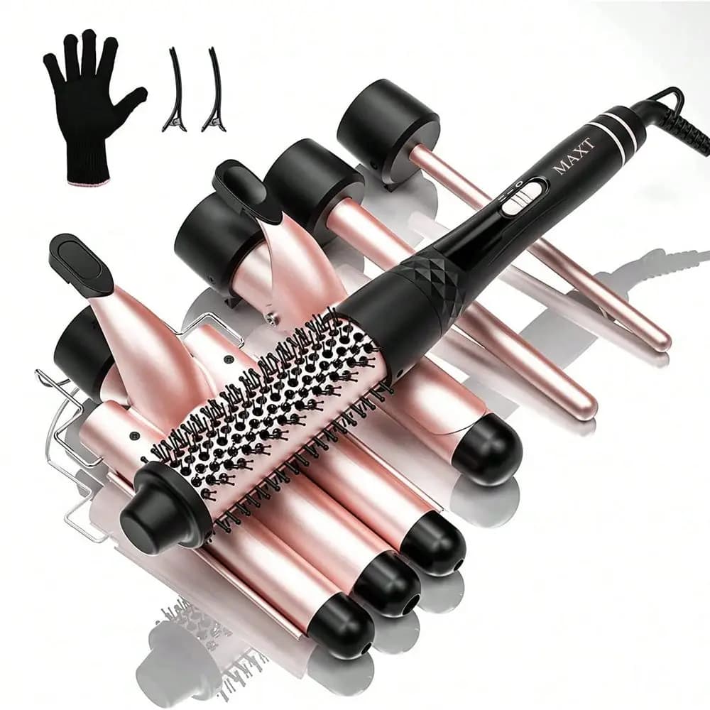 Set di ferri arricciacapelli 5 in 1, set di ferri arricciacapelli con spazzola termica, 4 inserti in ceramica intercambiabili da 0,35 a 1,25, riscaldamento rapido PTC, temperatura regolabile fino a 200°C.