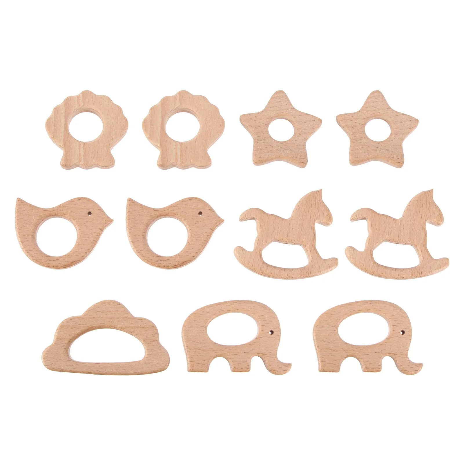 11Pcs Baby Wooden Teether Cute Cartoon Shape Biting Grinding Relief Natural Wooden Wood Infant Chewing Set Baby Chewable Toy