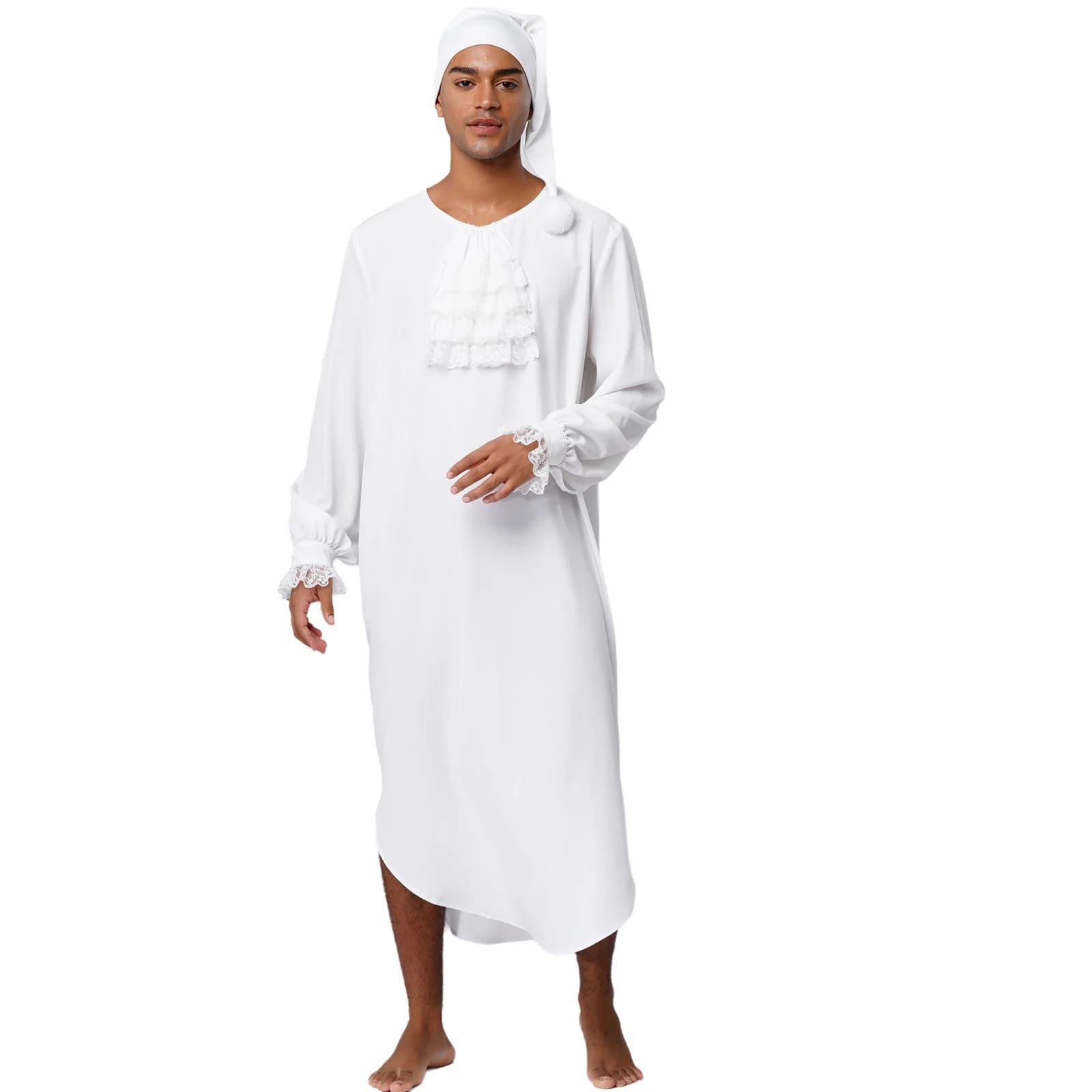 Victorian style long sleeve men's nightdress with lace finishes, soft and wide, with night cap, night pajamas, home nightwear
