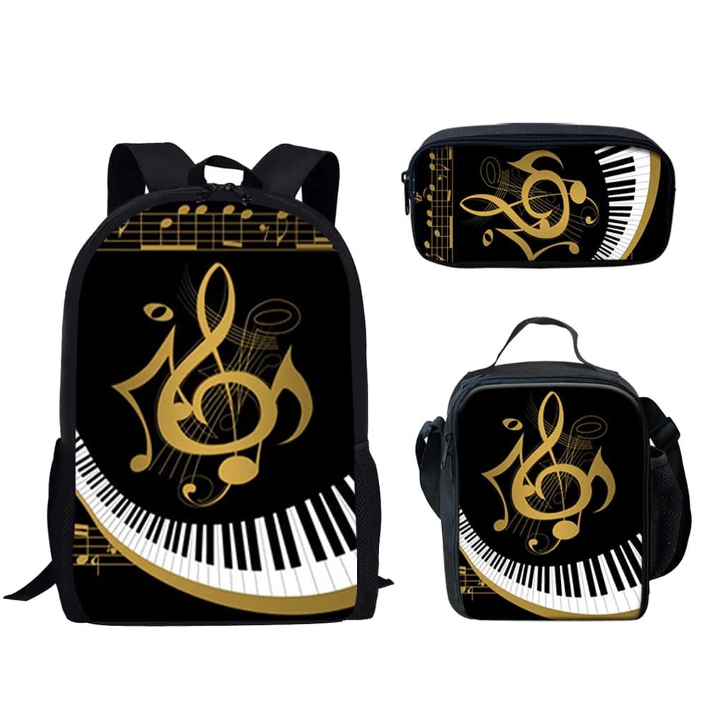 Trendy Popular Piano Keyboard Music Notes 3D Print 3pcs/Set Student School Bags Laptop Daypack Backpack Lunch bag Pencil Case