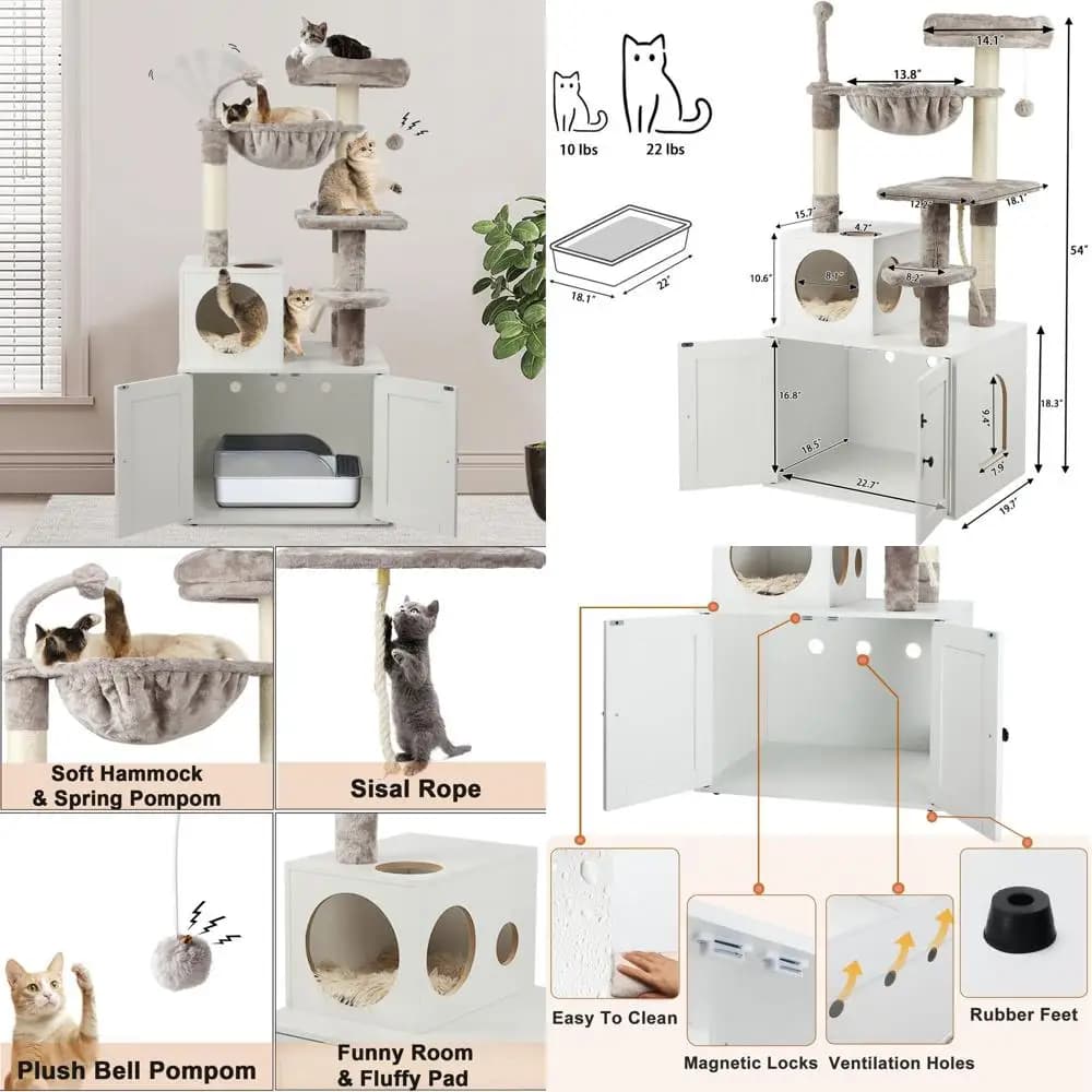 Albero per gatti da interno con lettiera nascosta, grande condominio in legno 2 in 1, cestino, tiragraffi, pom-pom, bianco