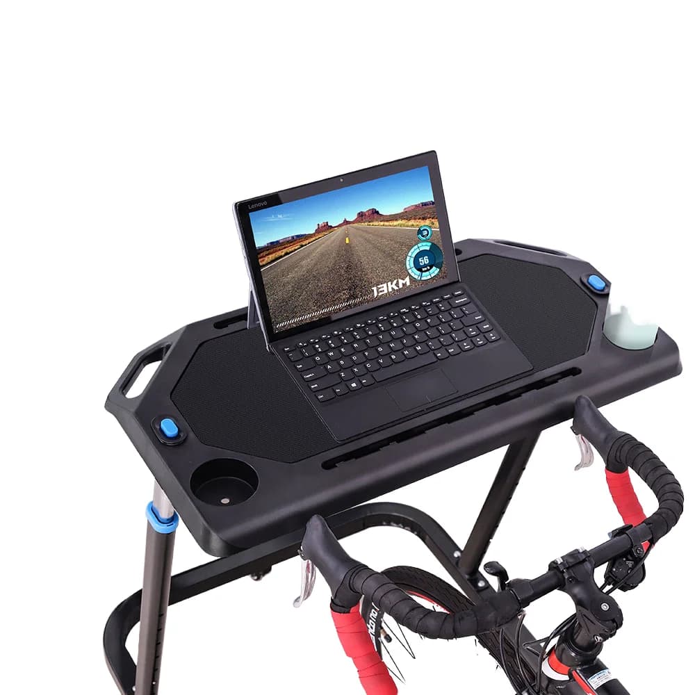Adjustable Height Indoor Cycling Desk Portable Bike Trainer Fitness Desk Lockable Wheels Non-Slip Surface Steel Bicycle Laptop