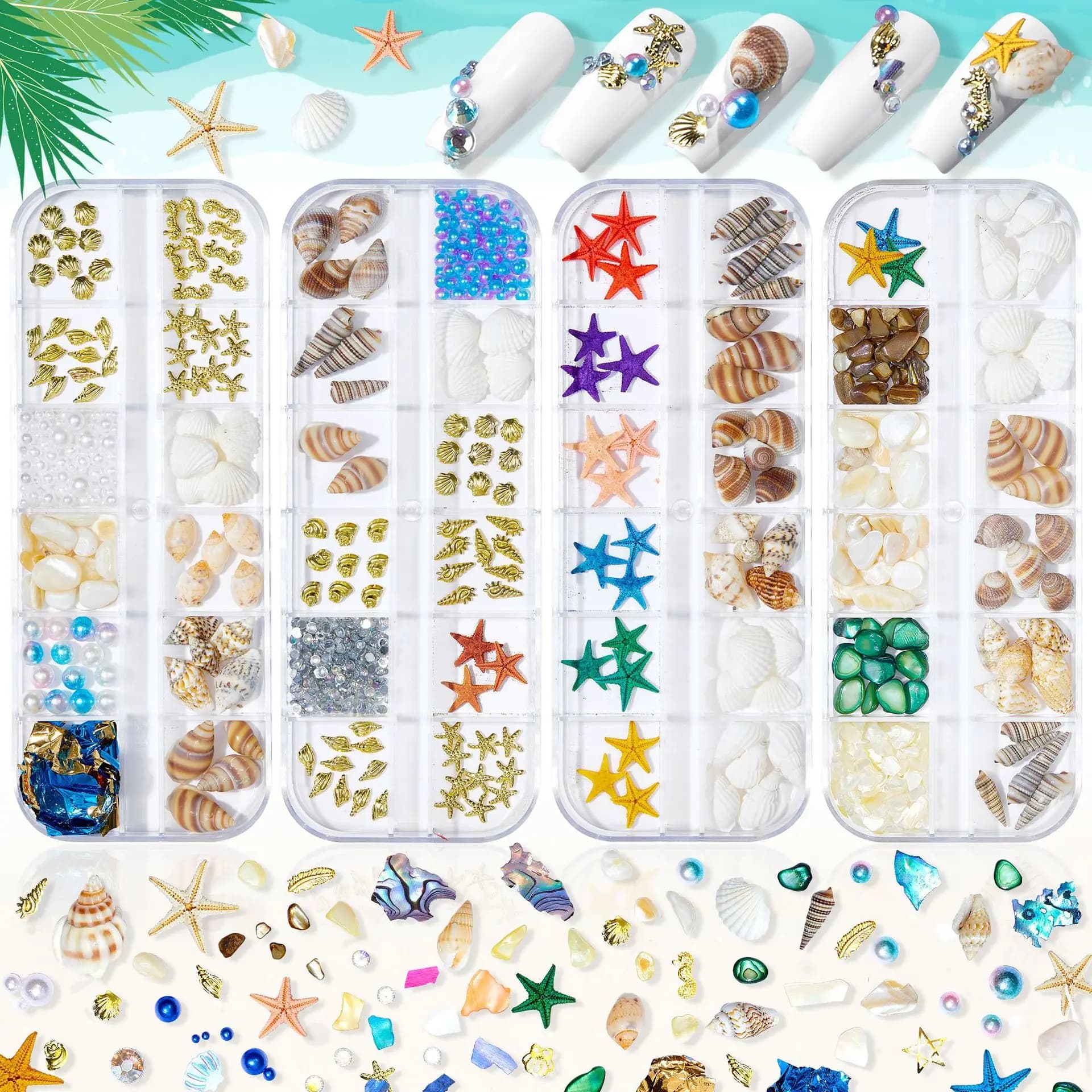 12 griglie Summer Ocean Style Nail Art Charms Abalone naturale Conchiglia di mare Stella marina Fetta irregolare Decorazioni Accessori per unghie fai da te