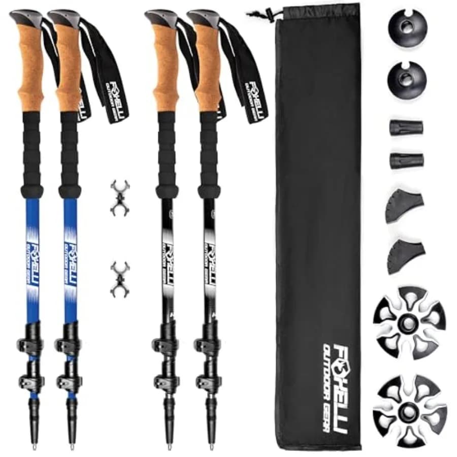 Set di 2 Paia di Bastoncini da Trekking Pieghevoli in Fibra di Carbonio, Leggeri, Nero e Blu, con Accessori