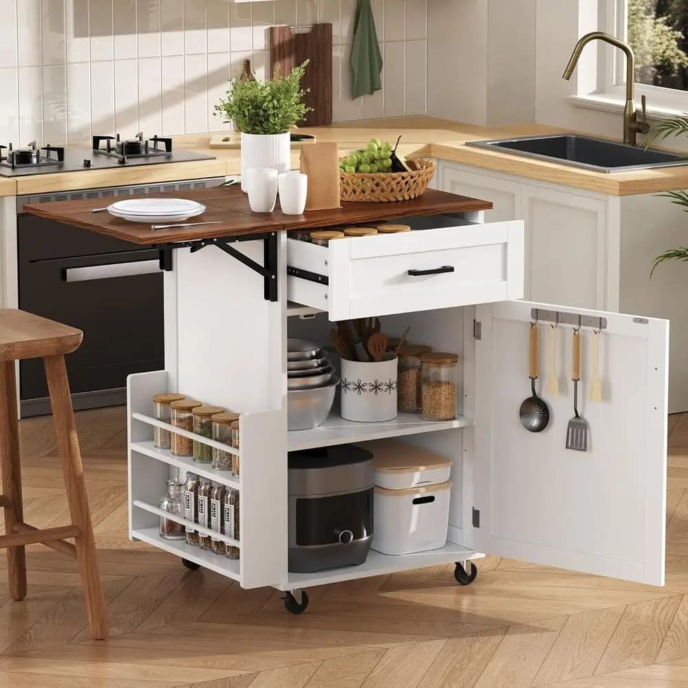 Isola da Cucina Bianca con Ruote, Ripiano Ribaltabile, Scaffale Laterale Aperto, Cassetto e Portasciugamani per Uso in Giardino
