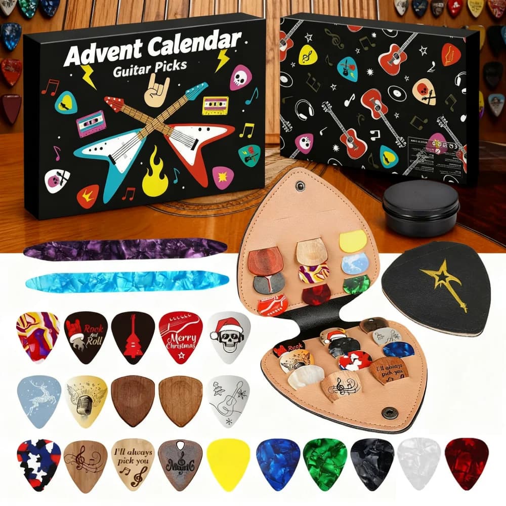 Calendario dell'Avvento musicale da 24 giorni Plettri per chitarra 2025 Modelli festivi Regalo in legno/celluloide per chitarristi Calendario per il conto alla rovescia di Natale