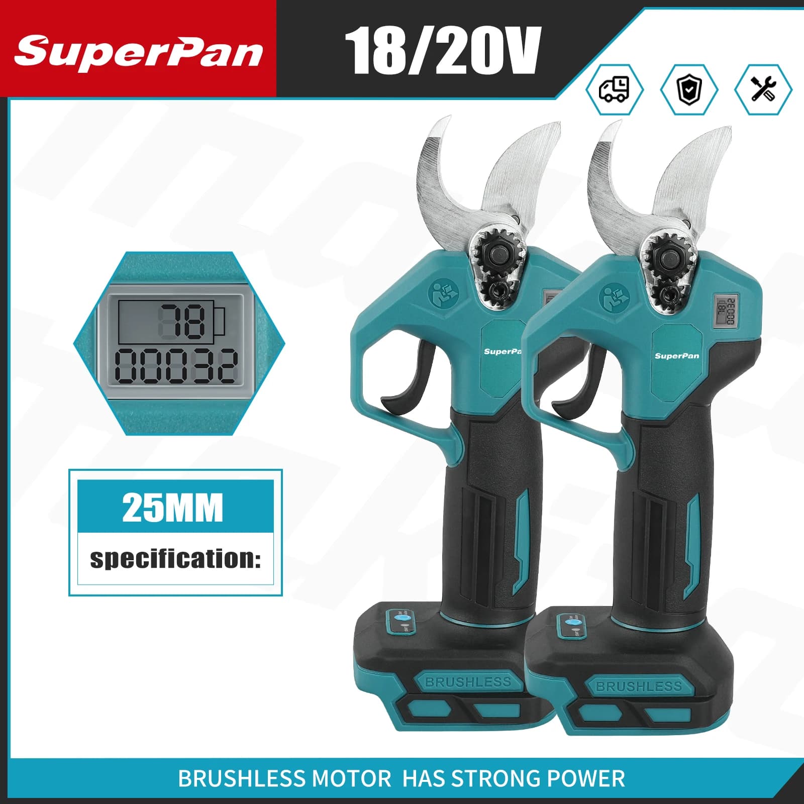 Forbici Elettriche da Potatura Superpan 2.5cm Senza Spazzole con Schermo LED e Lama in Acciaio SK5 per Batterie Makita 20v
