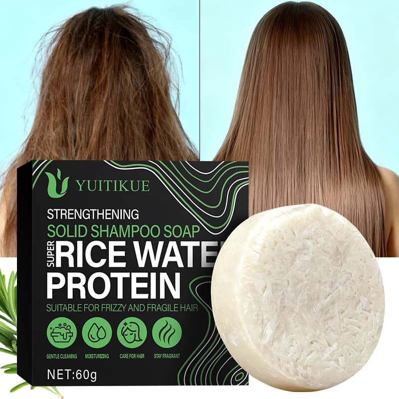 YUITIKUE Rice Water Protein Solid Shampoo Soap 60g Strengthening Cleansing Bar for Frizzy, Fragile Hair with Moisturizing Care