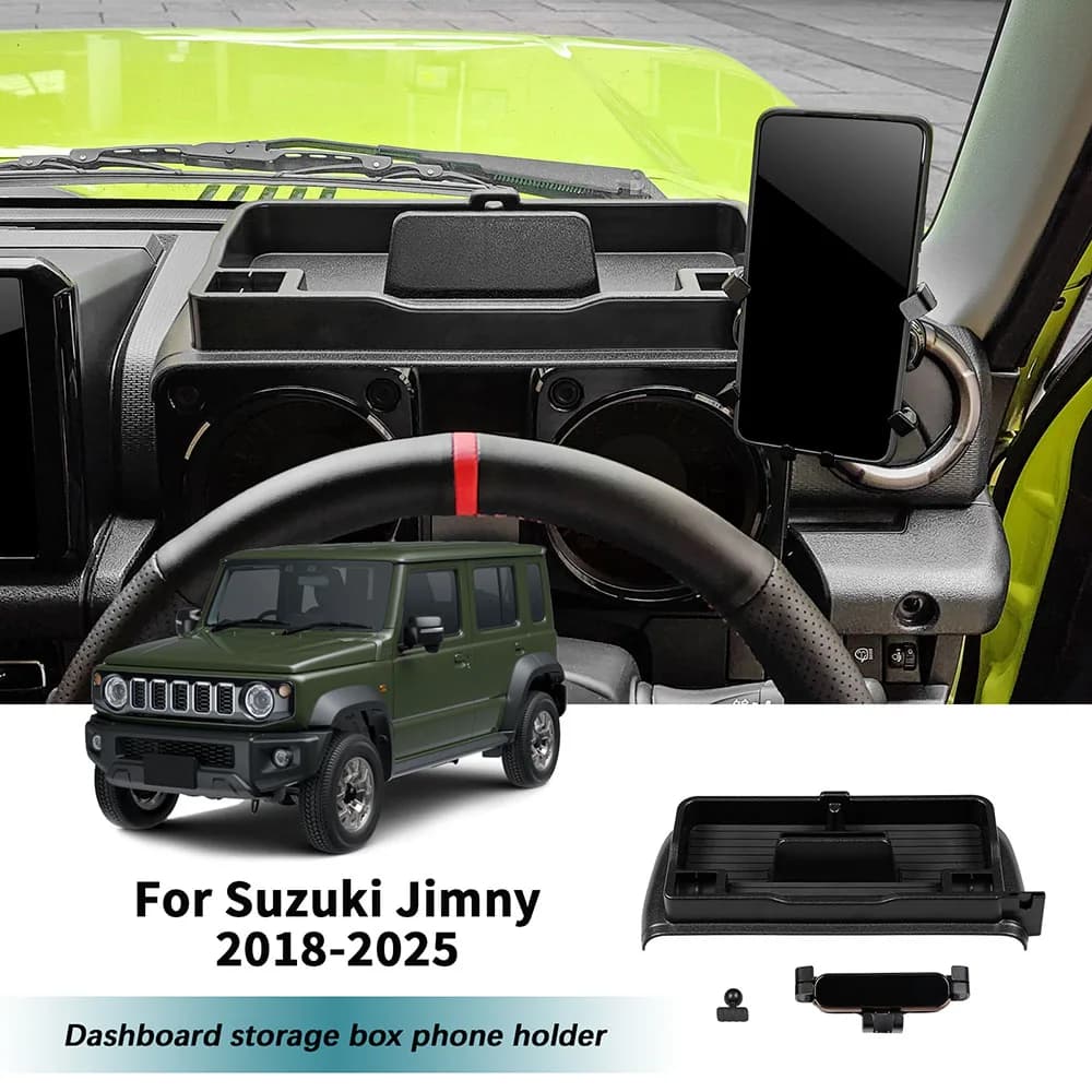 Per Suzuki Jimny 2018-2025: Scatola portaoggetti per cruscotto con supporto telefono, universale, compatibile con modelli a 3 e 5 porte, accessori.