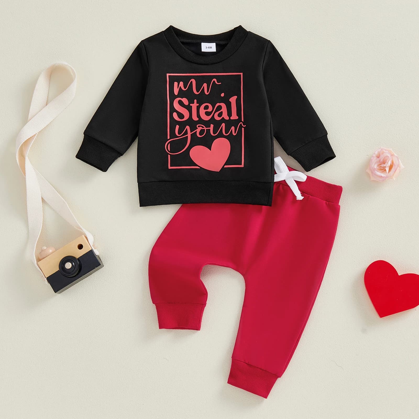 Children's Valentine's Day Dress Set Long Sleeved Trousers with Heart Print Children's Clothing Set Love Heart Model