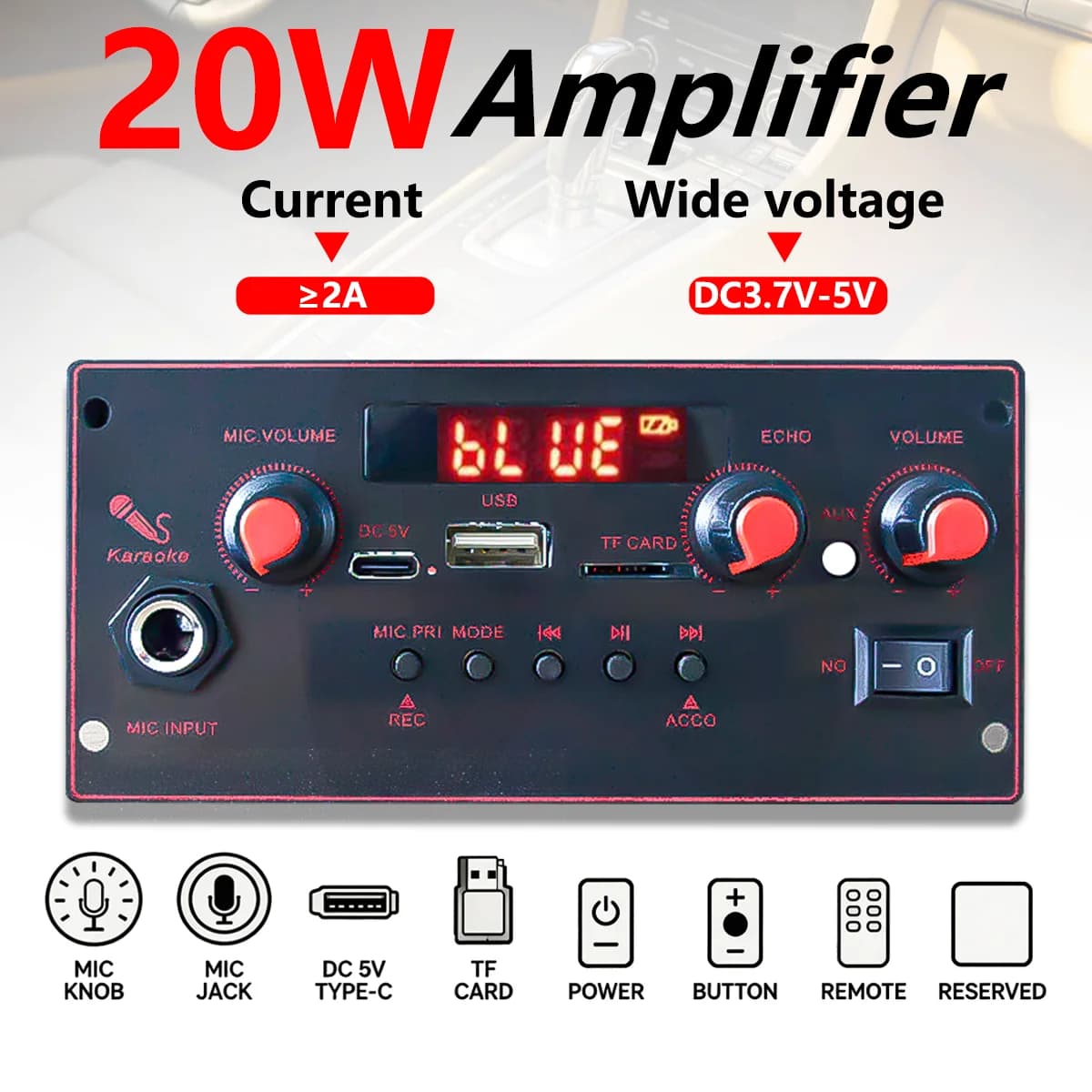 Scheda Decoder Audio Bluetooth 5.0 2x10W con USB, TF, FM, AUX, Riproduzione File, Registrazione e Supporto Chiamate 3.7V-5V