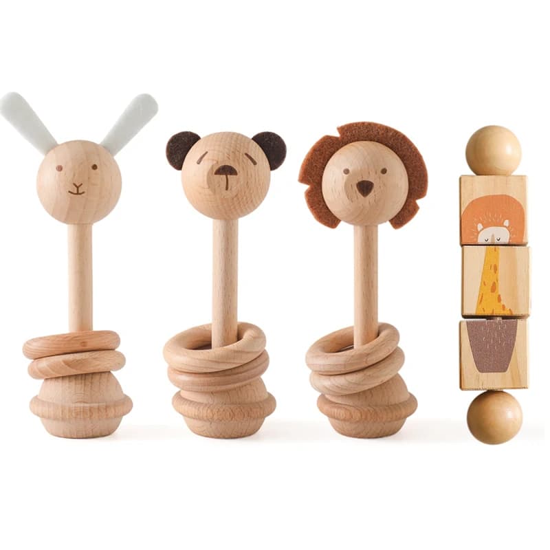 Giocattoli Montessori in Legno per Neonati, Blocchi a Forma di Animali Cartoon (Coniglio, Coccodrillo), Gioco Puzzle con Sonaglio, Anelli in Legno, Giocattoli per Dentizione