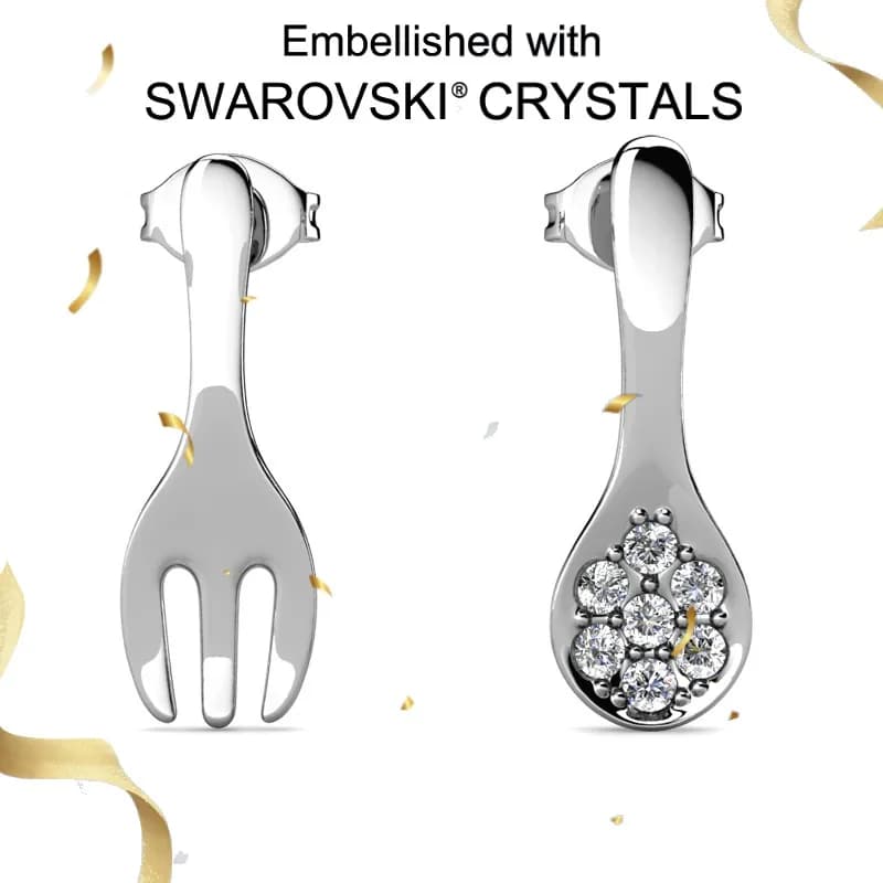 Daisini Orecchini a bottone asimmetrici con forchetta a cucchiaio in argento sterling 925 con cristallo Swarovski per le donne Regali divertenti non allergici