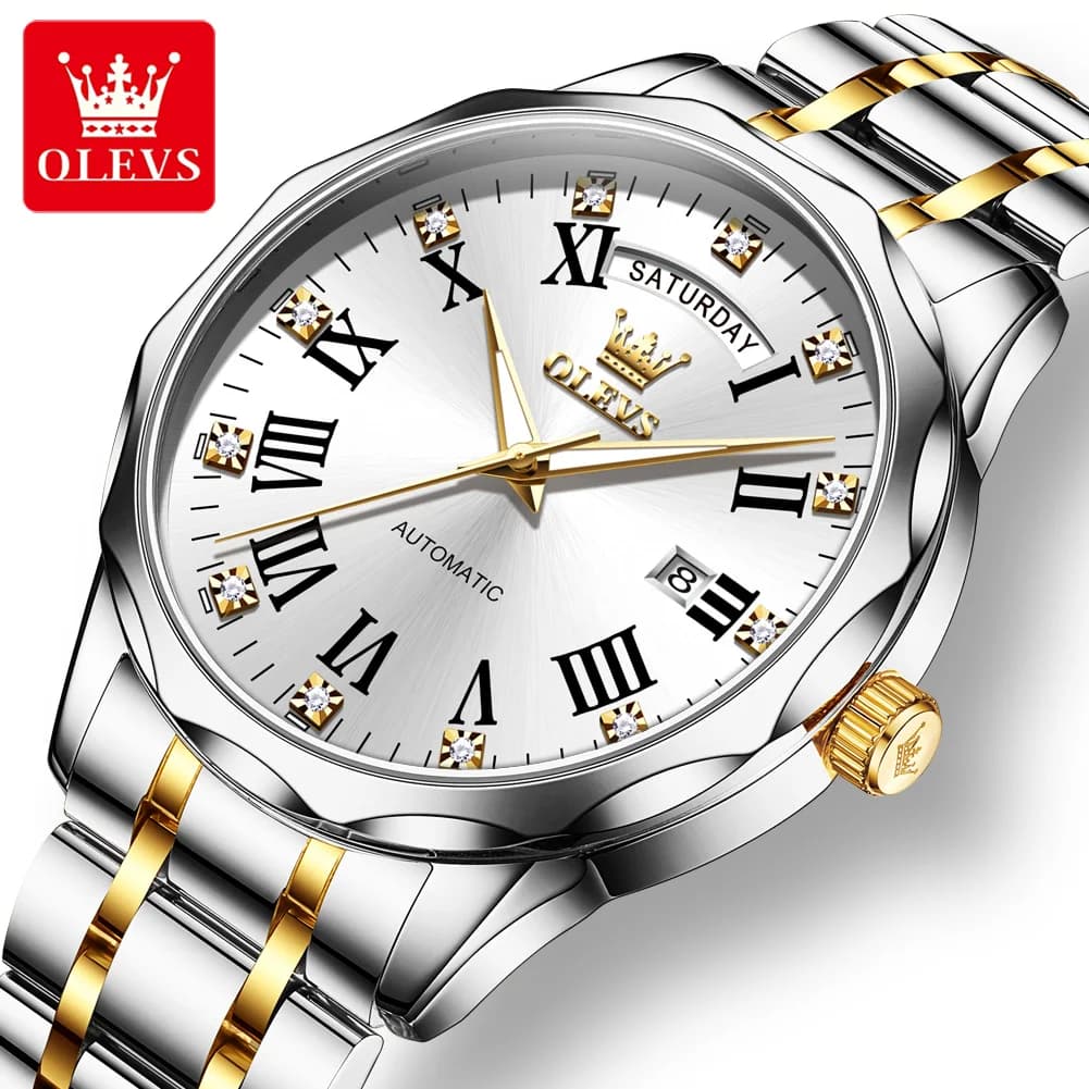 OLEVS New Luxury Business Men's Automatic Mechanical Watch Stainless Steel Waterproof Roman Numerals Dual Calendar Watches Mens