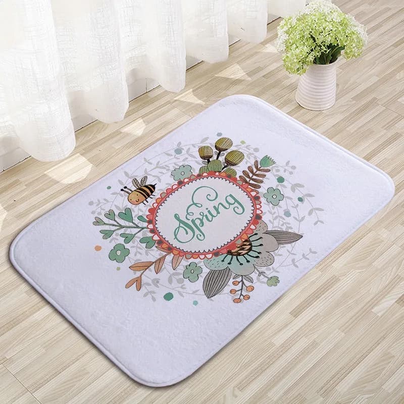 Carpet for door with spring floral pattern, watercolor illustration style, with garland of wild flowers and bees, soft non-slip carpet for entrance.