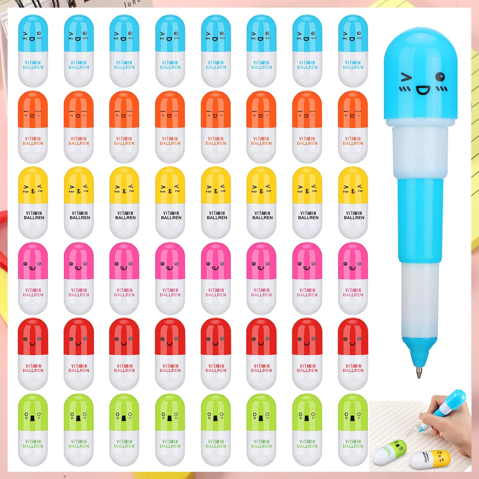 24 pcs cute face smiling ball pen pill stationery telescopic ball pen with vitamin capsule for school use
