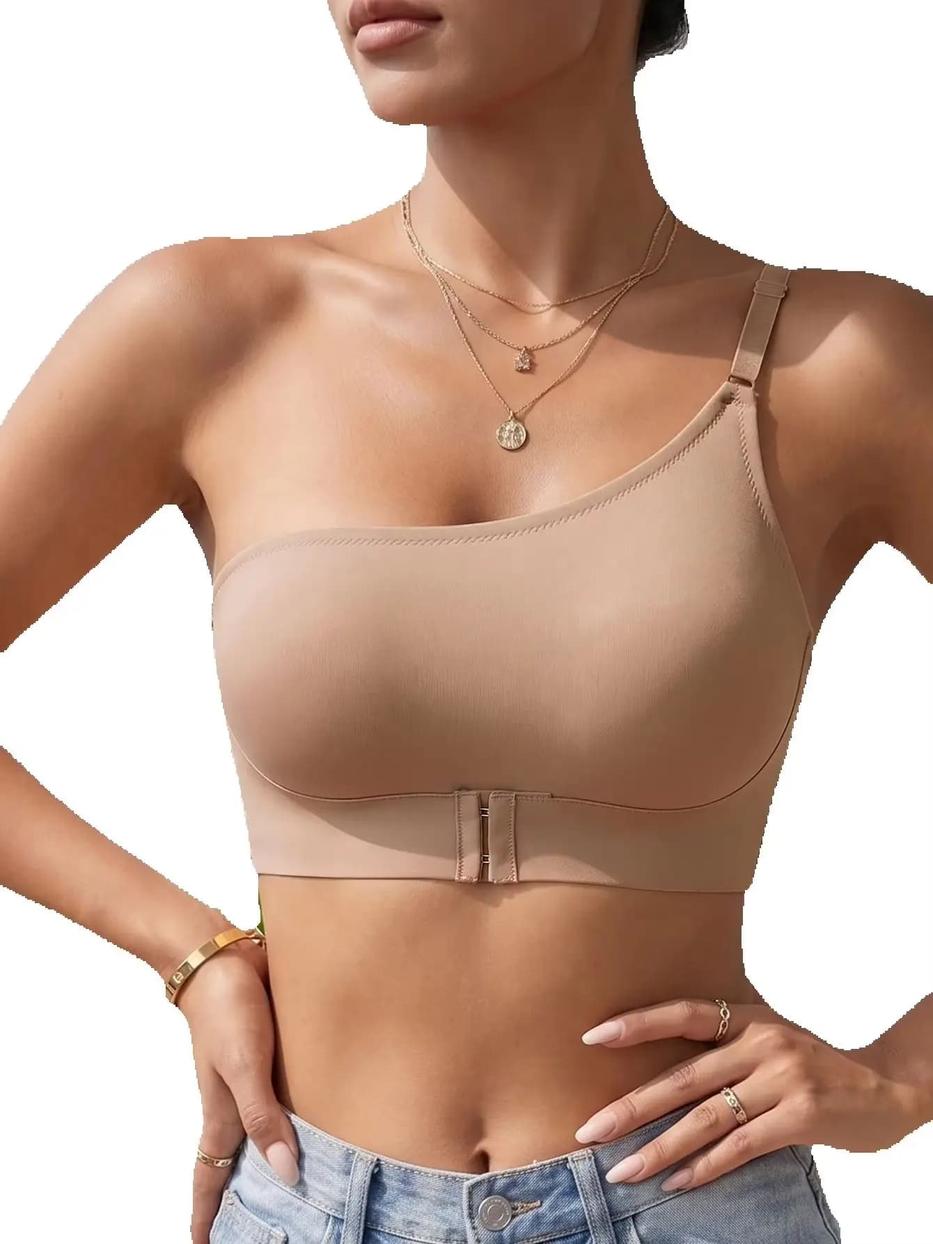 Women's One Shoulder Bra Front Closure Wireless Bandeau Bra Comfort No Lining Seamless Lingerie