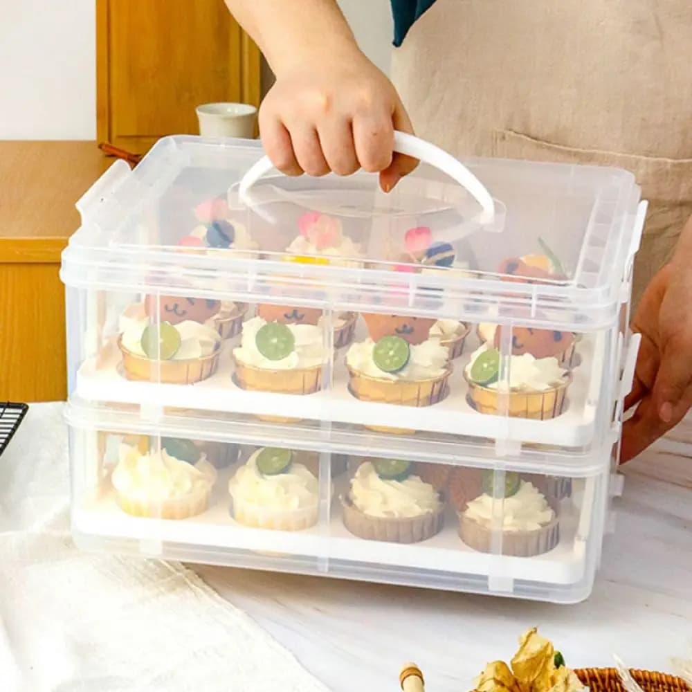Porta Cupcake a 2 livelli scatola portaoggetti rettangolare trasparente per Cupcake con coperchio e manico 24 griglie contenitori per Cupcake Party