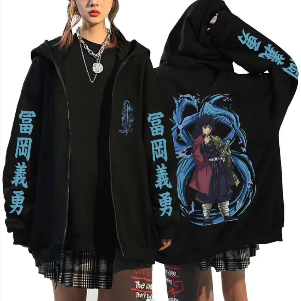 Anime Demon Slayer Water Giyu Tomioka Felpa con cappuccio con cerniera grafica Uomo Donna Cosplay Cartoon Manga Giacca con zip in cotone casual Top Y2k