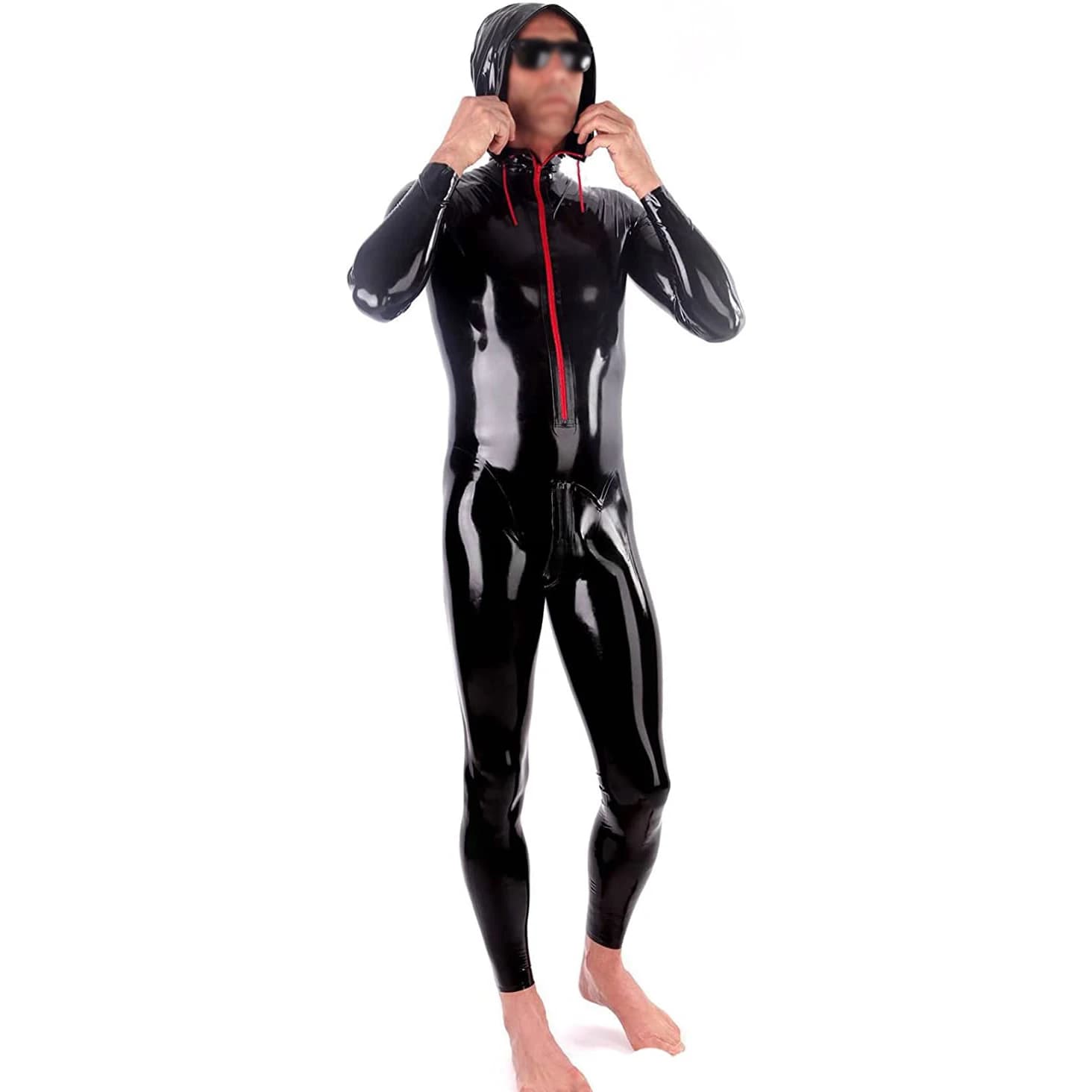 Tuta intera sexy nera in lattice con cappuccio e cerniera frontale, tuta sportiva in gomma, tuta Zentai, tuta da jogging, tuta intera 380