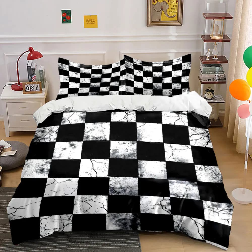 Set copripiumino con motivo artistico a scacchi bianco e nero, stampa digitale, biancheria da letto in poliestere colorato con chiusura a cerniera, ideale come regalo