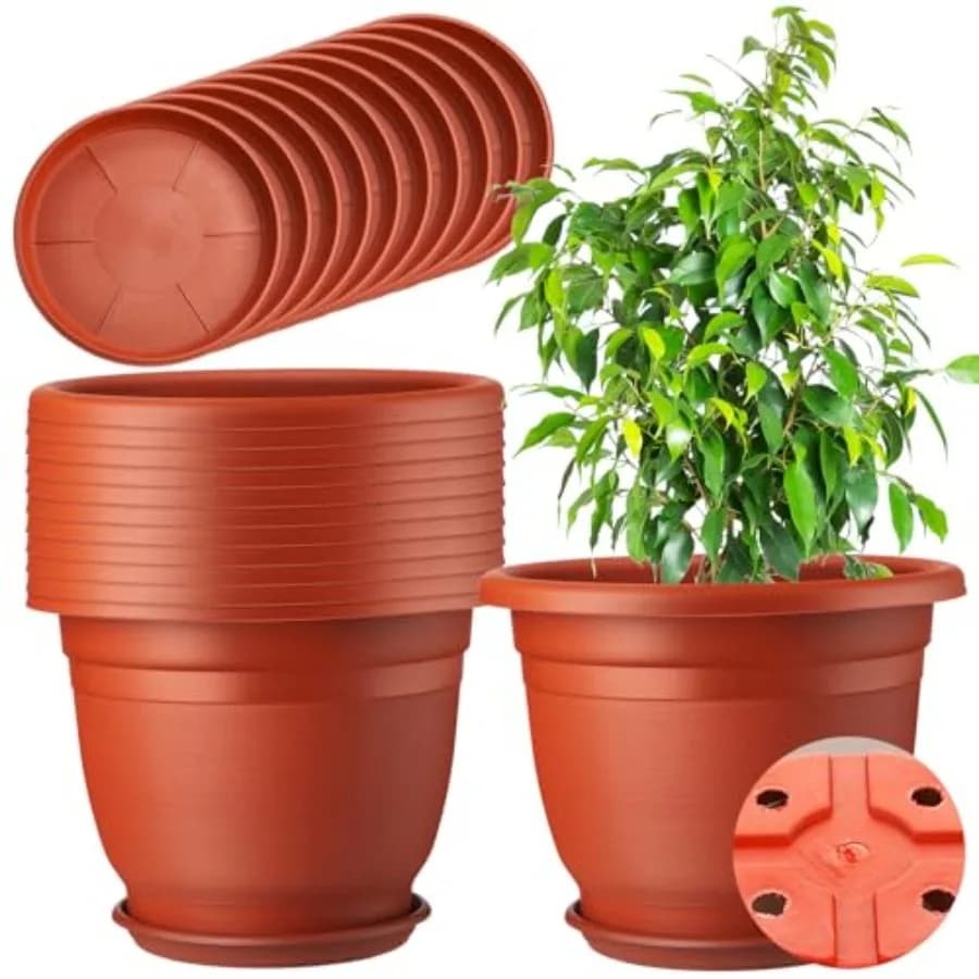 12 Pack Plastic Plant Pots Round Planter Pots with Saucer Tray Seedling Pot Hole Seed Resin Plant Pot Starting Nursery Flower C