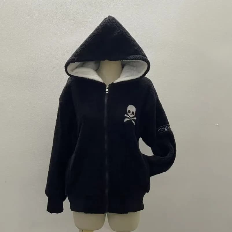Giacche in lana di agnello Felpe con cappuccio gotiche Y2k da donna Felpe con cerniera Grunge con teschio incrociato Cappotti con cappuccio casual vintage Harajuku Streetwear