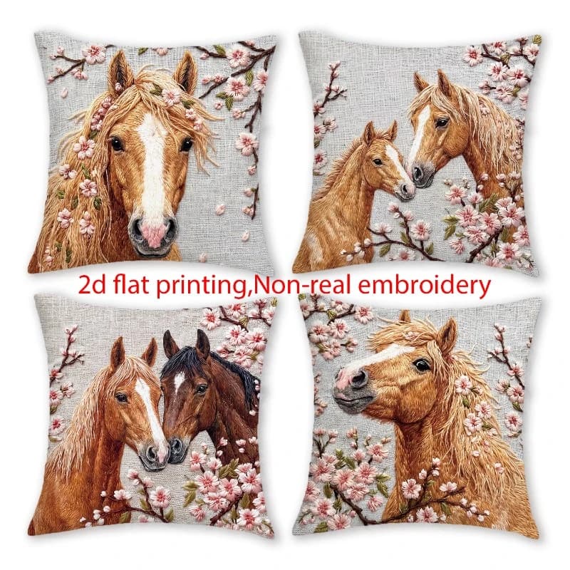 1/4 Pezzi Fodere per Cuscini in Lino con Motivi Cavallo e Fiori di Ciliegio, Stile Rustico Floreale Animale, per Divano e Arredamento Casa