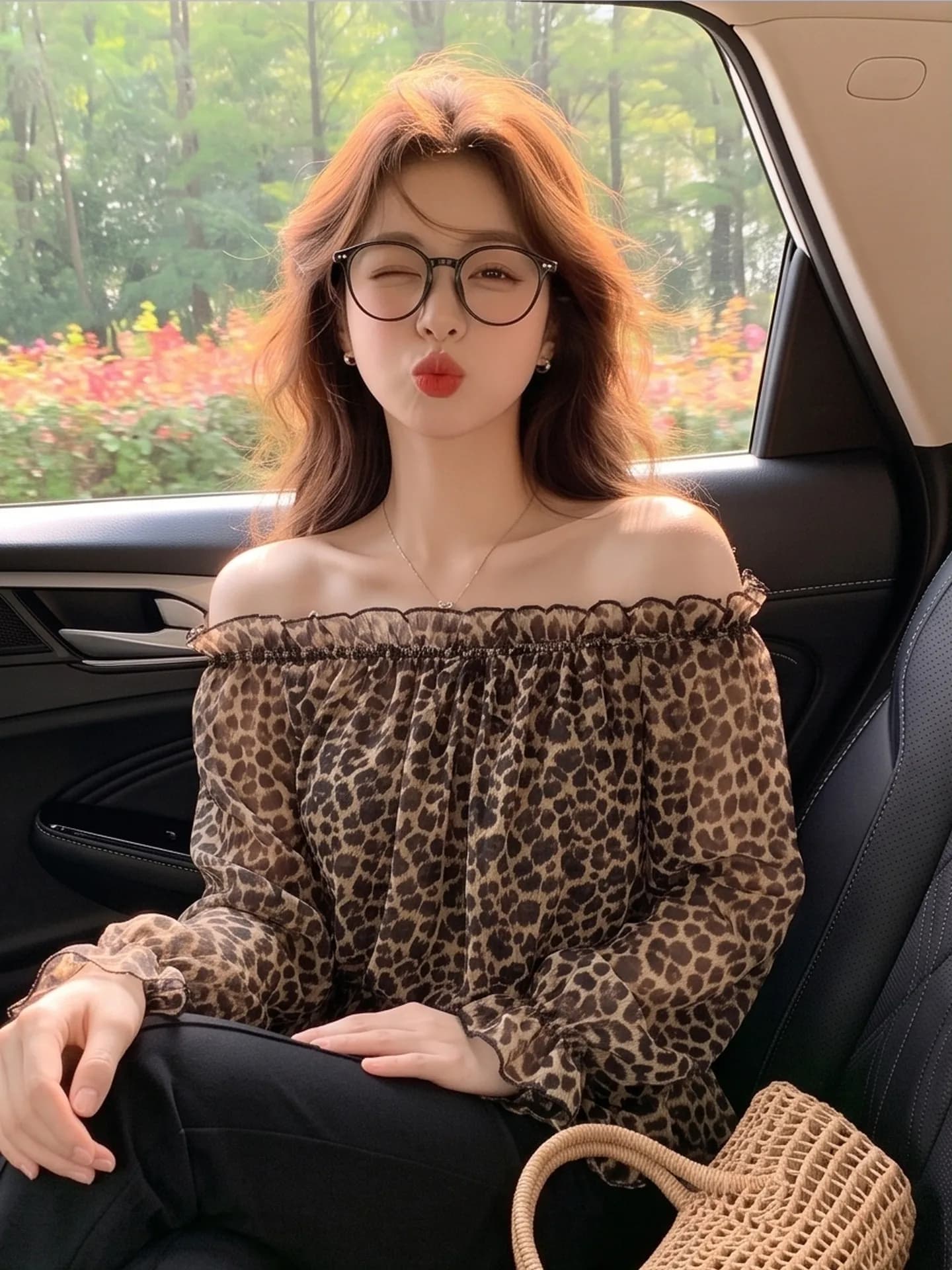 Sexy Pure Desire One-Shoulder Leopard Print Chiffon Top Women's Long Sleeve Design Sense Wooden Ear Splice Blouse
