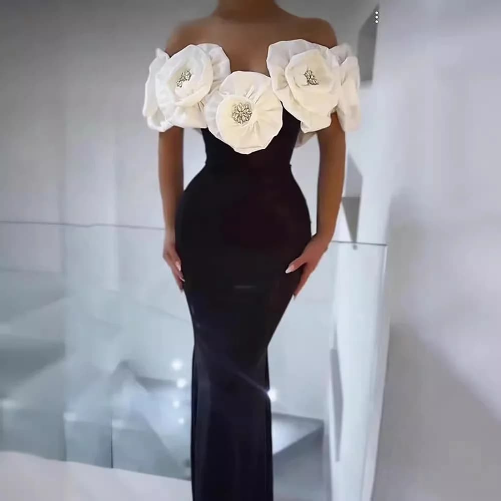 Fiori bianchi stereoscopici Sexy con spalle scoperte Abito fasciato alla caviglia Donna Festa di compleanno Vestido Abito da festa di nozze