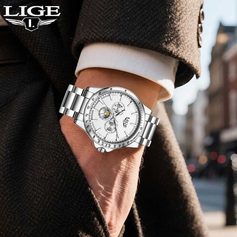 LIGE Orologio da uomo al quarzo di lusso delle migliori marche Fashion Business Orologi semplici impermeabili luminosi per uomo Orologi con data automatica con fasi lunari