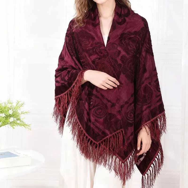 Ethnic Style Jacquard Square Shawl Wrap Long Tassels Blanket Scarf Women Traveling Beach Vacation Shoot Cape Muffler