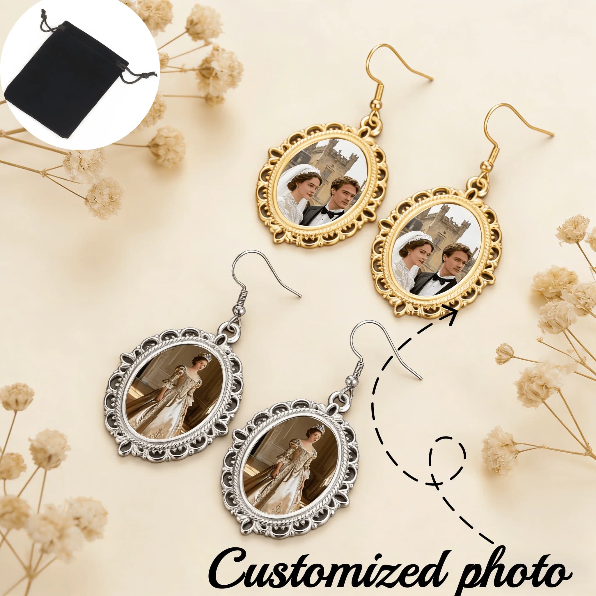 Orecchini pendenti ovali con foto personalizzata, motivo intagliato, in acciaio inossidabile, orecchini con immagine personalizzata, regalo di San Valentino