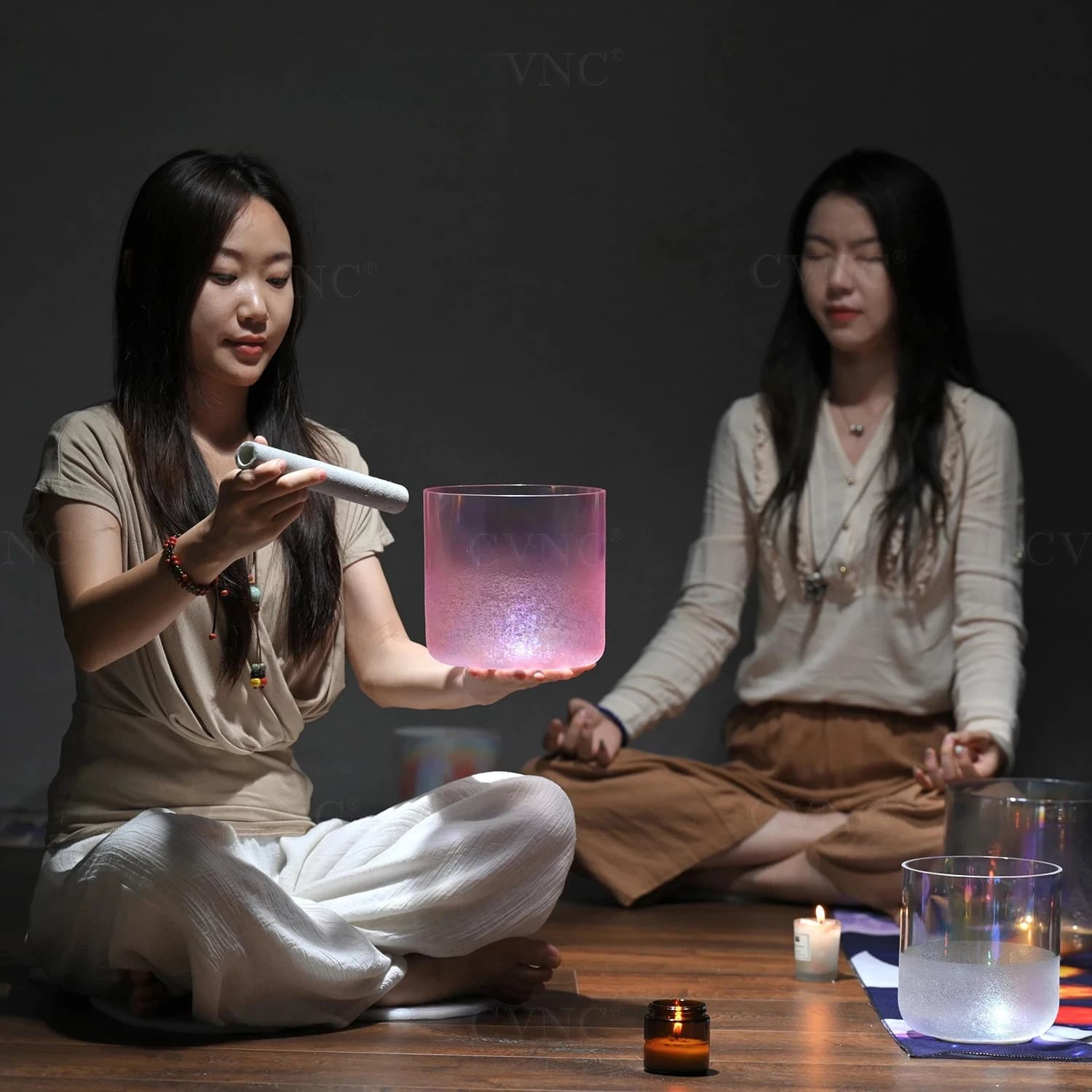 6 Inch Pink Snow flower Clear Quartz Crystal Singing Bowl for Meditation and Sound Healing with Mallet