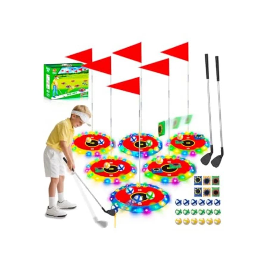 Golf Luminoso 2-in-1 - Gioco di Golf con Lancio di Sacchetti e 6 Bersagli LED, 2 Mazze, 18 Palline per Gioco Notturno Indoor e Outdoor