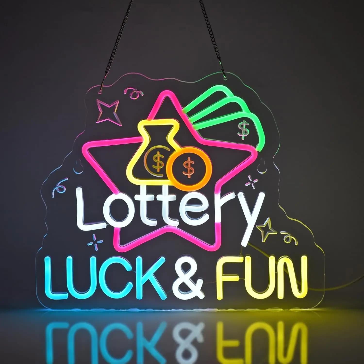 Insegna al Neon 'Luck&Fun' per Lotterie, Luce LED USB per Negozi di Lotterie, Bar a Tema Casinò, Sale Giochi, Decorazione Camera da Letto, Regalo