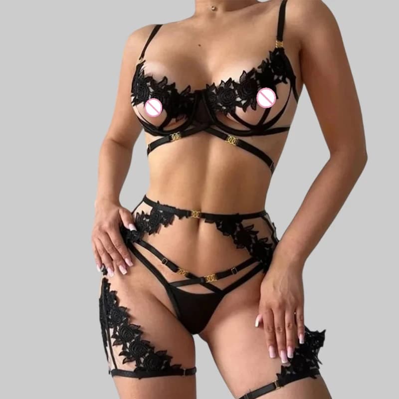 Toucheart Nero Sexy Maglia trasparente Interessante Scava fuori la biancheria intima Skinny a vita alta Patchwork Anello in acciaio Set di biancheria intima