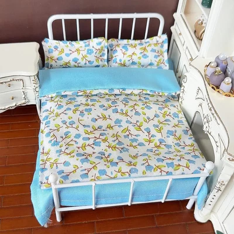 1/12 scale miniature bed set Collection of bed linen for doll house with bed linen and sleeping bag for doll bedroom