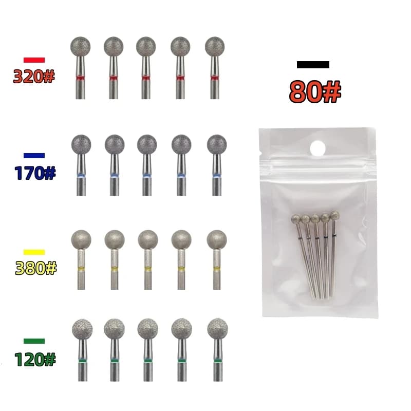 Punta da trapano per unghie con diamante a sfera grande da 5 pezzi, dimensioni 5,0 mm, macchia le unghie attorno alla pelle morta con lo bordo posteriore, strumenti per unghie per manicure