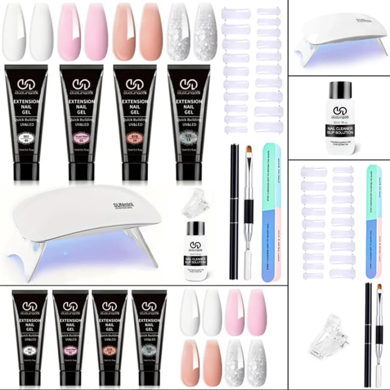 Kit Unghie in Poly Gel DUOLINGDAI: 6 Colori Trasparenti, Kit Iniziale per Estensione Unghie con Lampada, Set Completo di Accessori per Unghie in Poly Gel