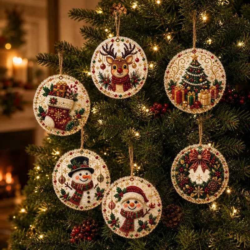 5D Full Round Drill Diamond Painting Kit 6Pcs Christmas Round Hanging Ornaments DIY Rhinestone Pendant Santa Snowman Reindeer Xm