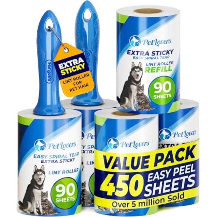 Set Mega Value di Rulli Adesivi Extra Forti, 450 Fogli per Rimozione Peli di Animali Domestici e Vestiti, Rimuovi Peli di Cani e Gatti