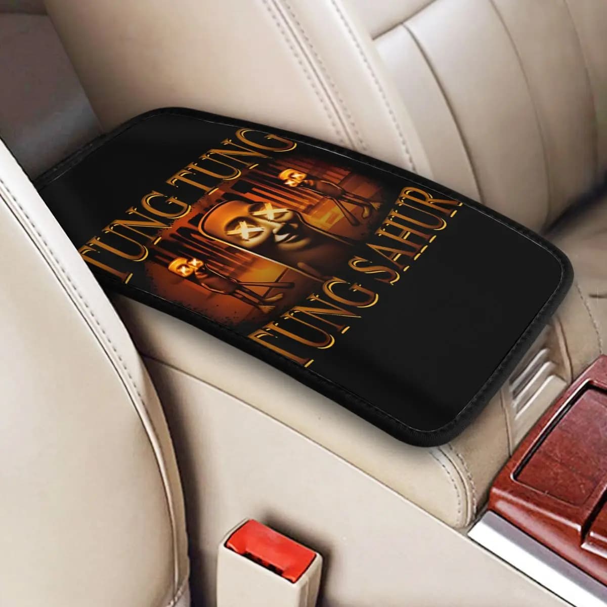 Leather Center Console Cover Pad Universal Tung Sahur Italian Brainrot Meme Car Armrest Cover Mat Storage Box Cover