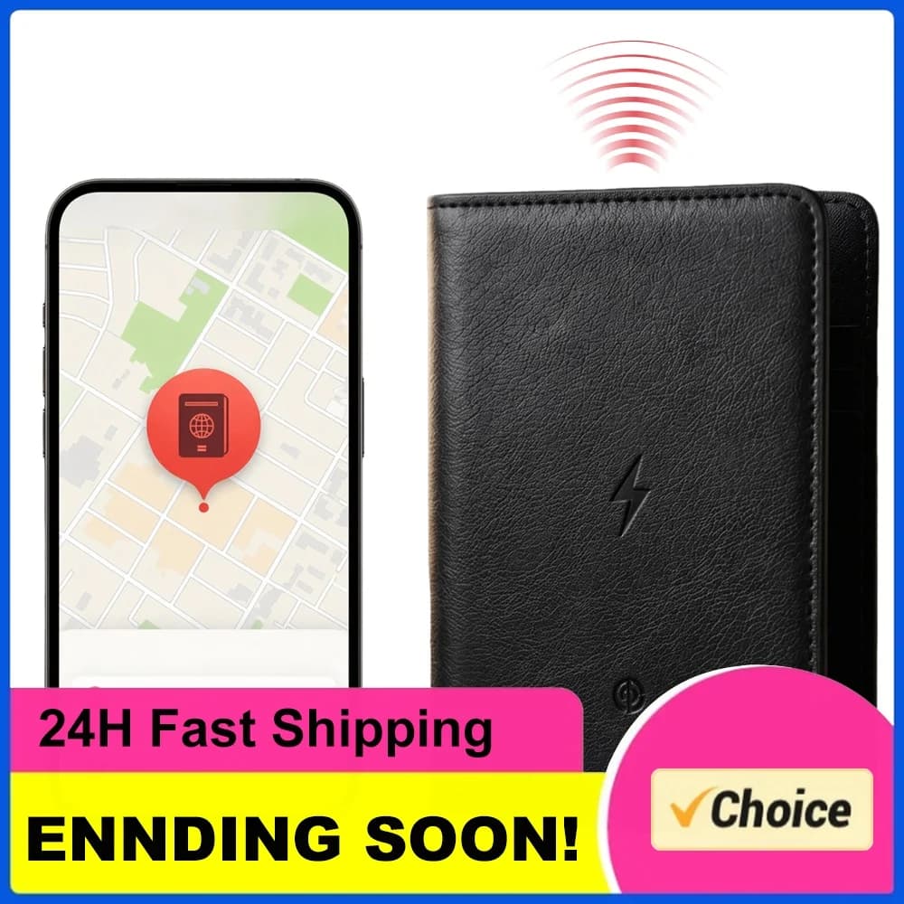 PU Leather Passport Holder with Location Tracker Smart Anti-Lost Wallet Multi-Slot Card Holder for Wireless Charging