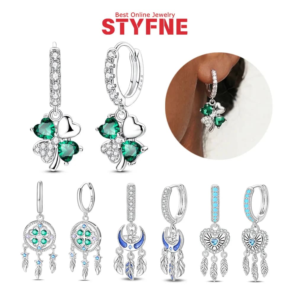 Original S925 Silver Clover Dreamcatcher Zircon Dangle Huggie Hoop Earrings for Women Valentine Couple Jewelry Gift