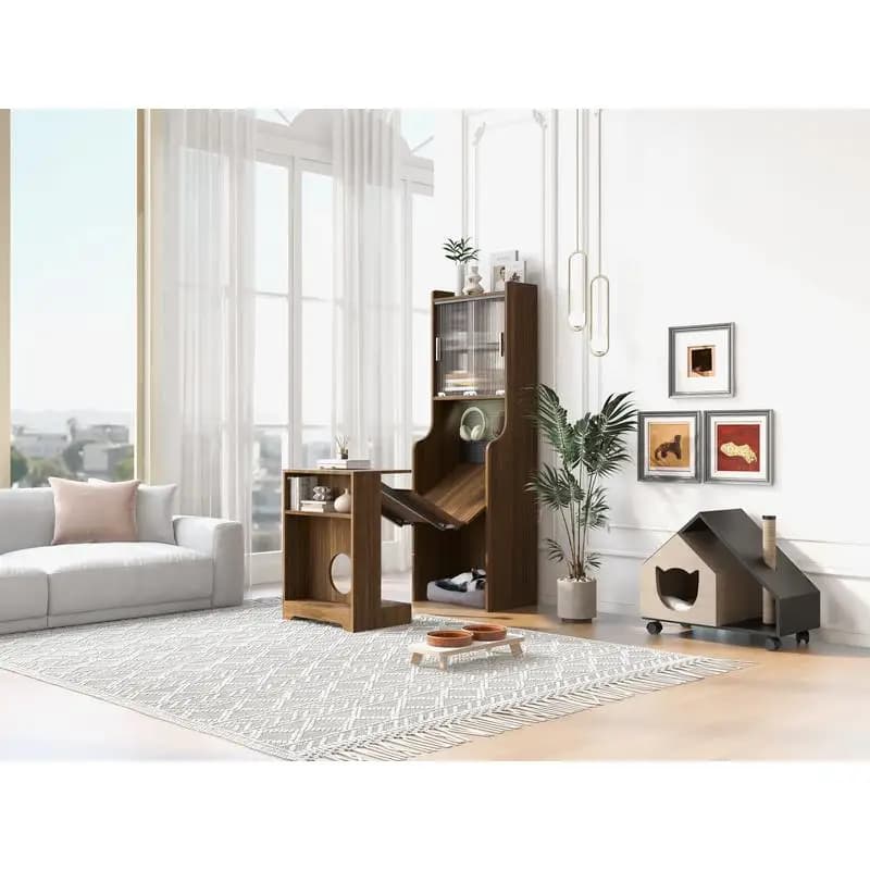 Mobiletto multiuso moderno Mid-Century in noce con letto antigraffio - Mobili adatti ai gatti per case alla moda