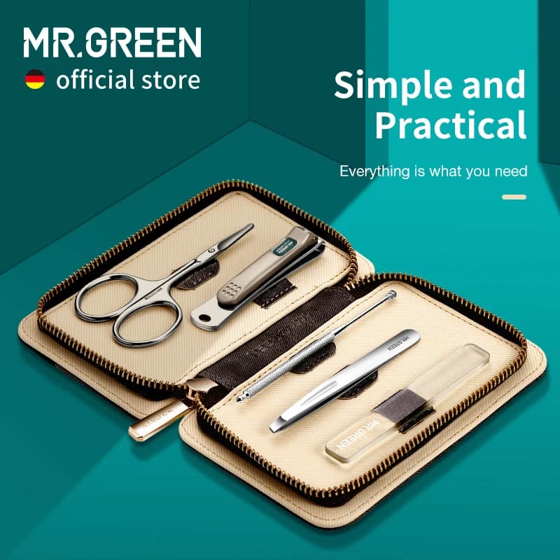 MR.GREEN Set manicure 5 in 1 Kit semplice e pratico Custodia in pelle a contrasto Tagliaunghie in acciaio inossidabile Strumento per la cura personale
