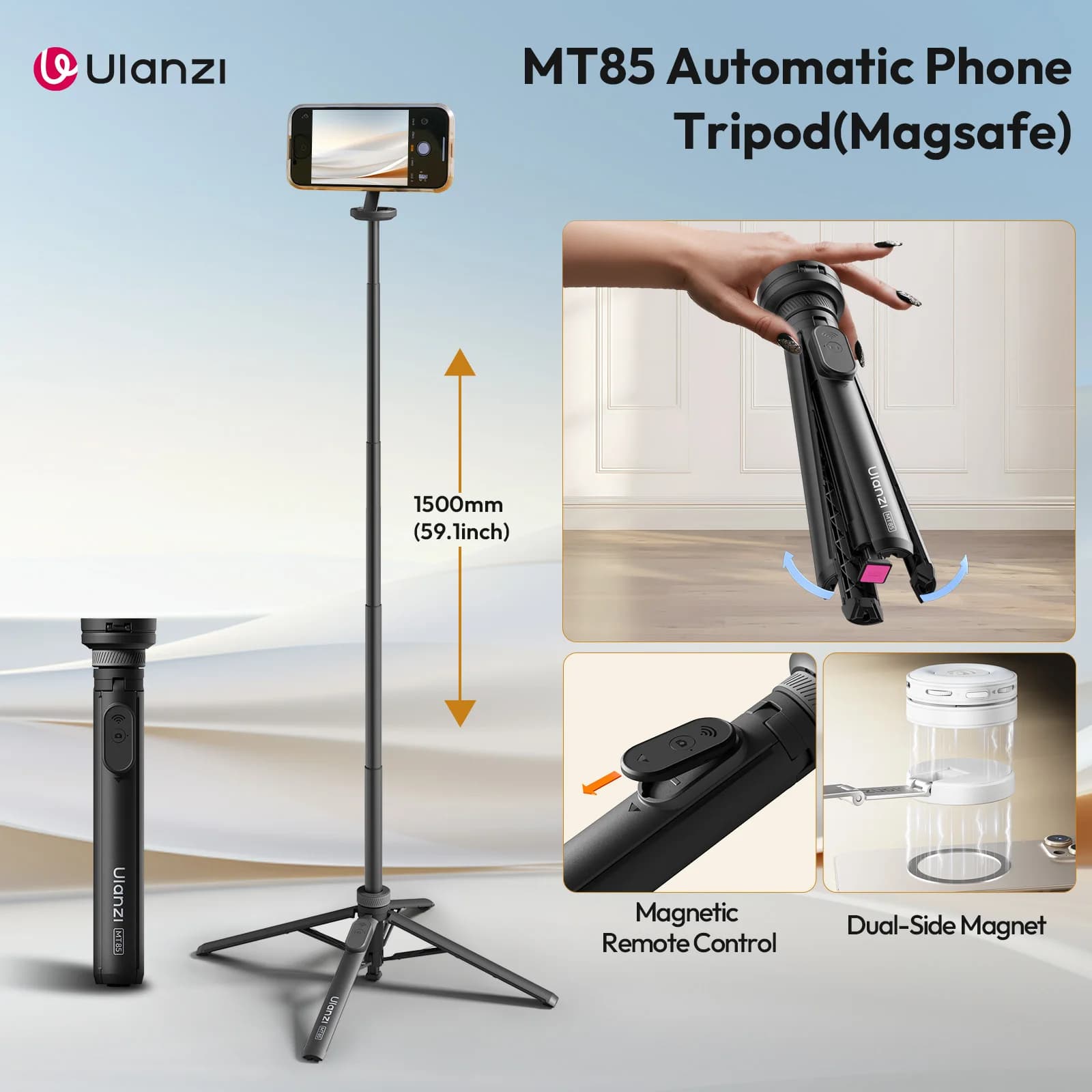 Ulanzi MT85 Treppiede Automatico per Telefono, Asta Selfie con Supporto Magnetico Bilaterale per iPhone 17 16, Video Selfie, Vlog, Fotografia all'Aperto